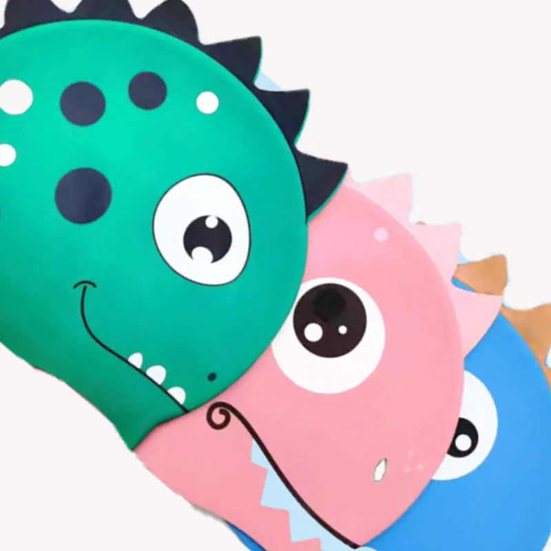 Hemasa Cartoon Silicone Swimming Cap /Waterproof Dinosaur Long Hair Sports Swim Pool Hat  Adults & Children Elastic Swimming Cap