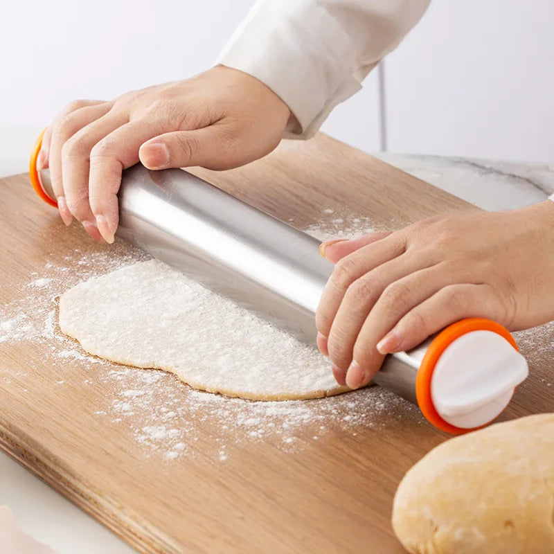 Tejesa 13.78 Inch Stainless Steel Adjustable Rolling Pin with 4 Thickness Removable Rings Dough Roller for Pizza Cookie Baking Tools