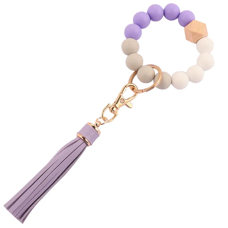Hemasa  Silicone Wood Beads Keychain Keyring For Women Wristlet Bracelet Pendant Keychain With Jewelry Accessories