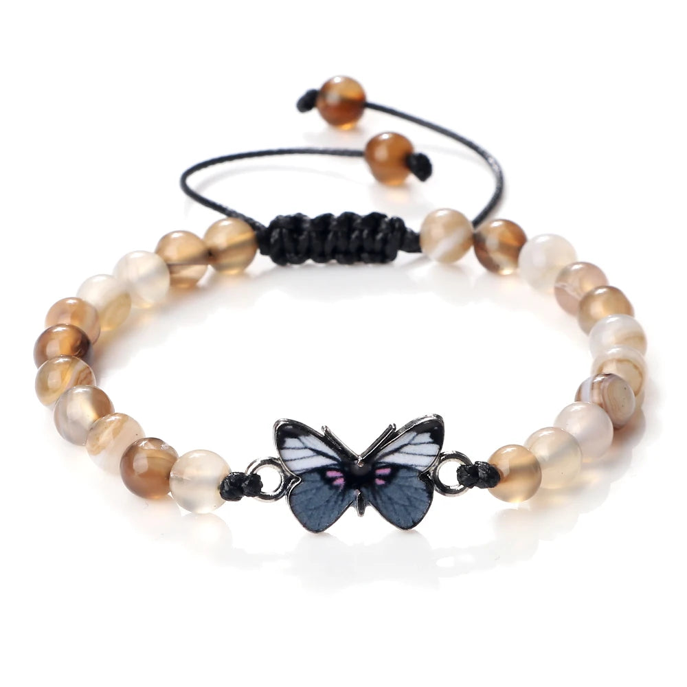 Grey Butterfly Beaded Bracelet Natural Tiger Eye Agates Lava Stone Woven Bracelets & Bangles for Women Handmade Healing Jewelry