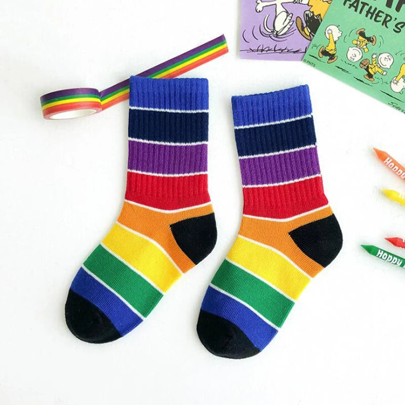 Children Socks Cotton Colourful Stripe Stockings Fashion Rainbow Print  For Girls Boys Crew Ankle Kids Long Socks