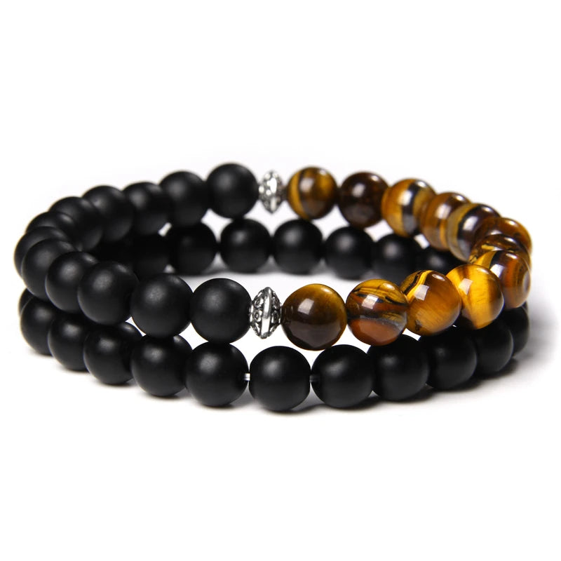 2pcs/set Beaded Bracelet Natural Stone Tiger Eye Hematite Beads Bracelet Men Energy Elastic Rope Bracelet Jewelry Couples Gifts