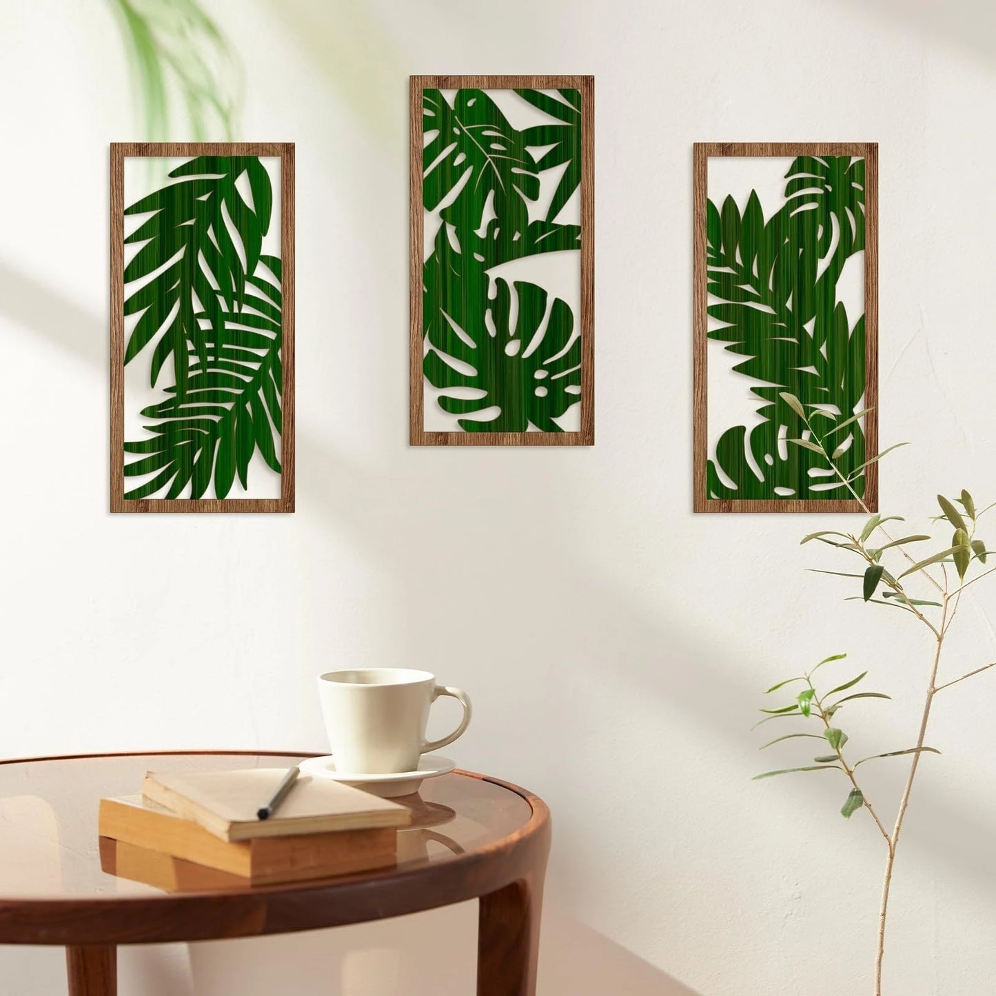 Hemasa 3pcs Boho style Hollow Wood Retro Rustic Leaf Pattern Wall Hanging Art Living Room Bedroom Wall Hanging Home Decoration