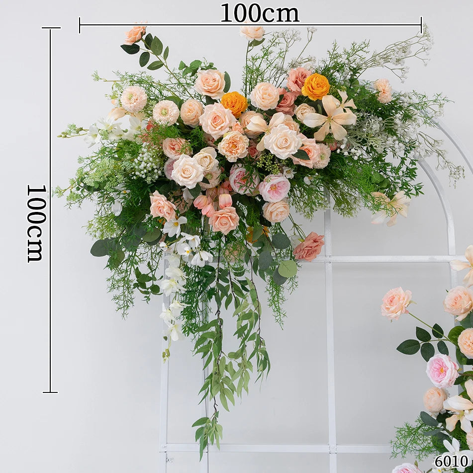 Luxury Champagne Rose Peony Green Leaf Table Runner Floral Event Road Lead Floor Flower Wedding Arch Deco Flower Row Arrangement
