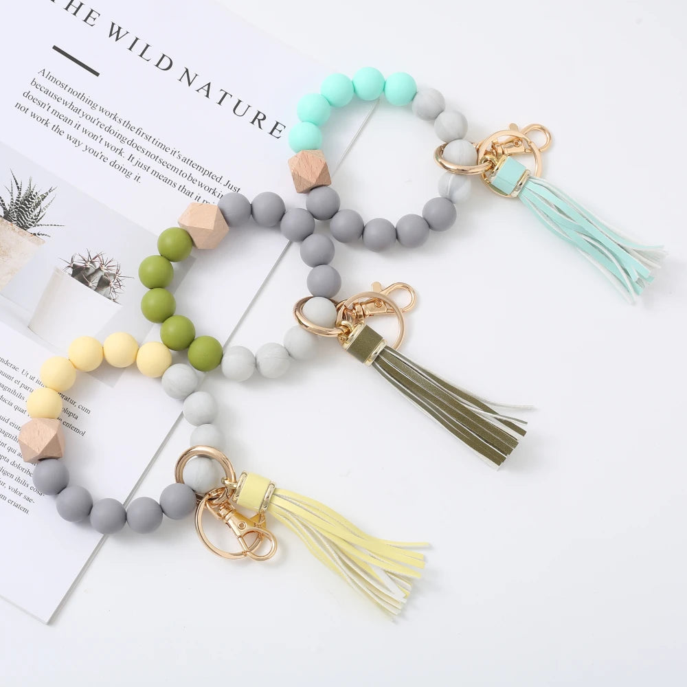Hemasa  Colourful  Silicone Beads  Bracelet Keyring Women Girls with  Tassel Pendant Keychain