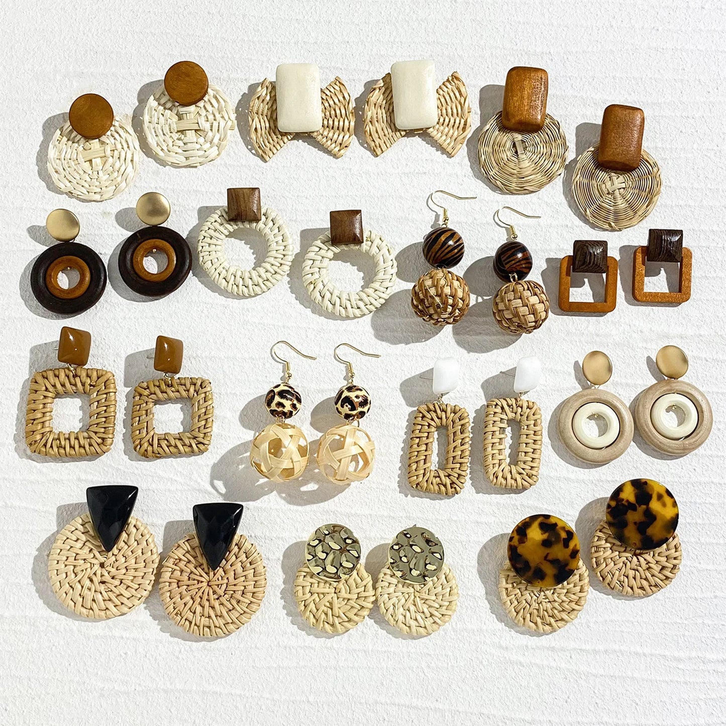 Hemasa Rattan Wooden Braid Drop Earrings for Women /Bohemia Ethnic Geometric Round Ball Square Earrings