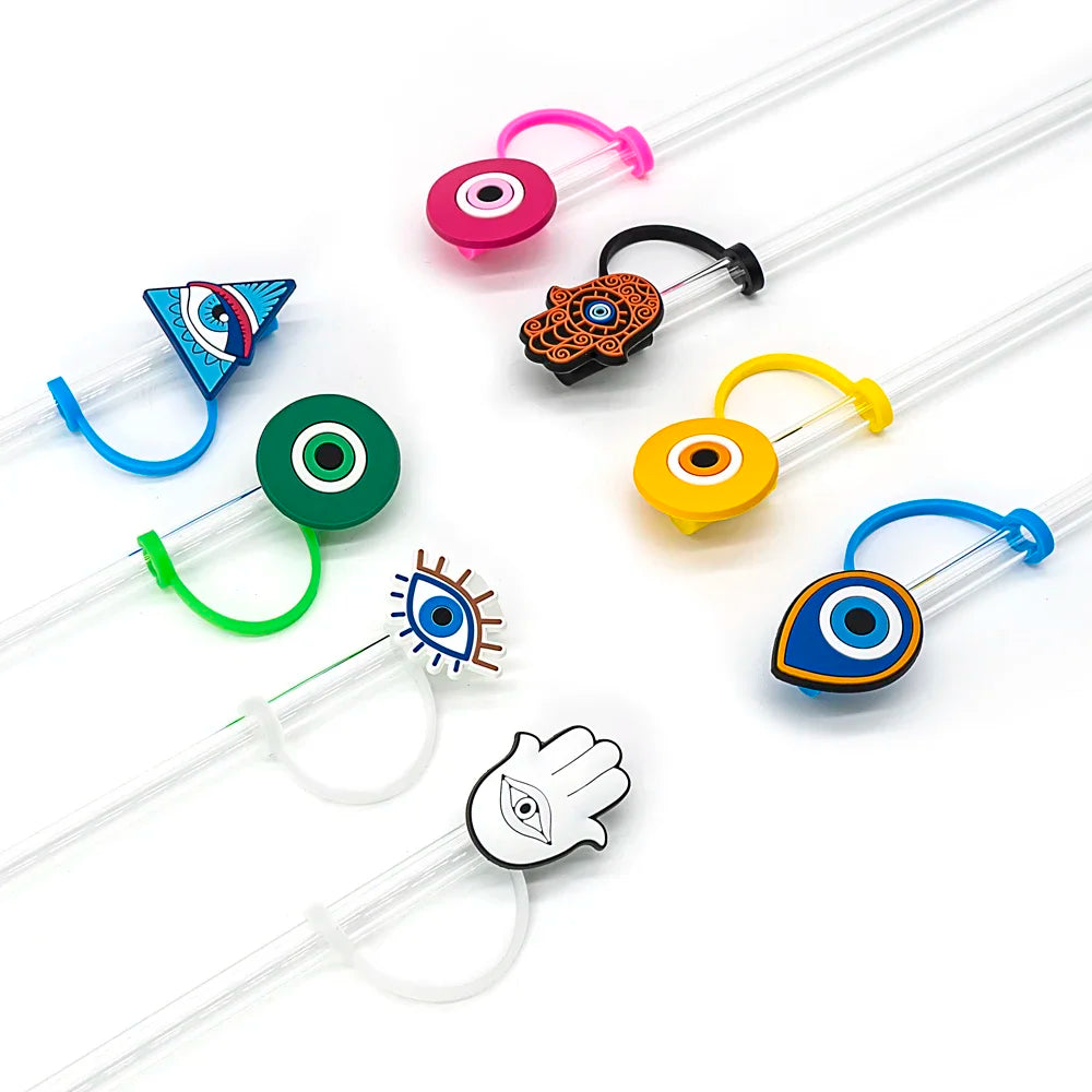 1/7PCS Silicone Colorful Evil Eyes Straw Cover,8mm Reusable Straw Topper Drinking Cup Accessories,Dustproof Straw Cap Gift