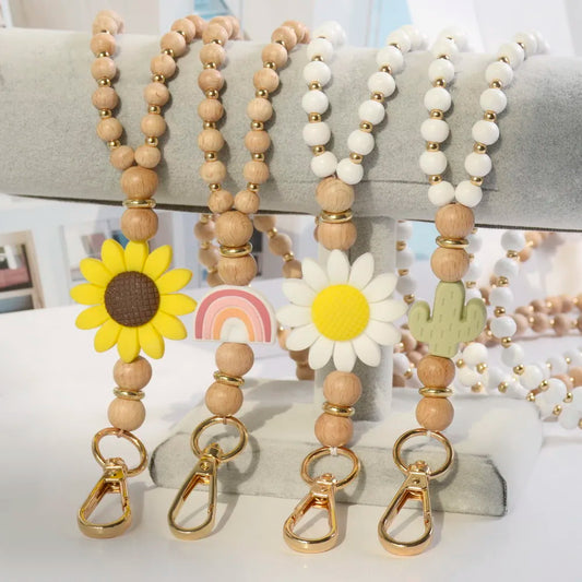 Boho Wood Beaded Necklace Lanyard Card Holder Elastic Keyholder Unisex Beads ID Sunflower Beaded Lanyard Teacher Charm Gift