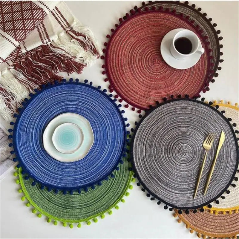Hemasa Set of 4pcs Cotton Woven Rattan Heat-Resistant Tablemats with pom poms, Available in 7 colours