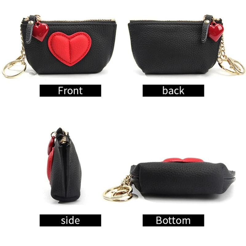 Tejesa Women's Soft Leather Coin Purses with KeyChain /Small Zipper Coin Pouch for Women Heart Pendant Zero Wallet Zipper Pocket