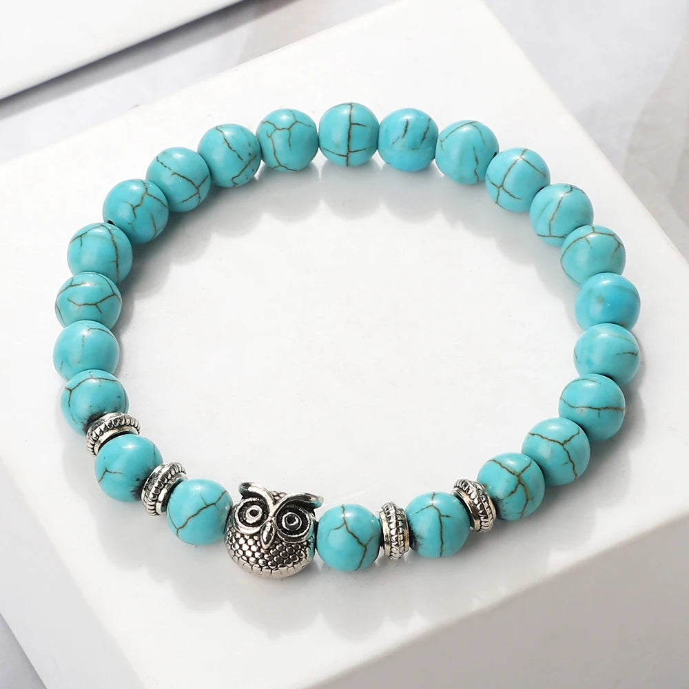 Hemasa  Owl Charm with  Natural Lava Stone Malachite Beads Couple Bracelets
