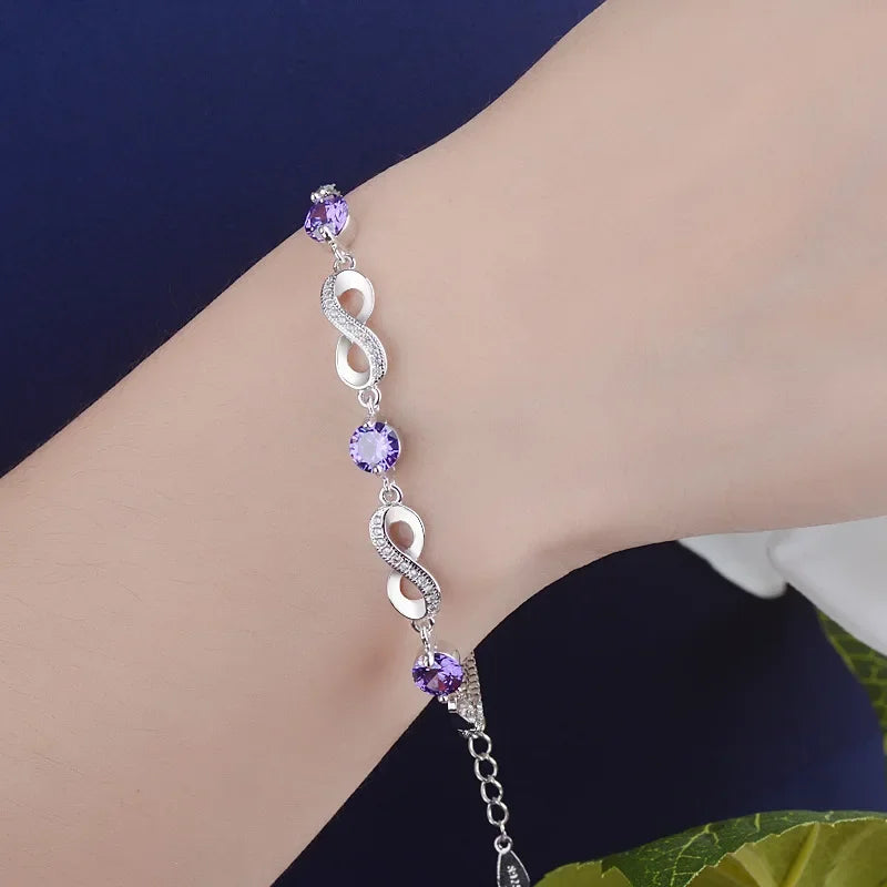 Fashion Clear Purple Zircon Charms 925 Sterling Silver Bracelet for Women Eternity Infinite Love Bracelet Jewelry Gift