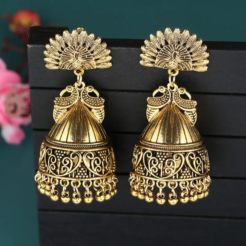 Hemasa Jhumka Earrings for Women Nepal Bohemian Jewelry Exaggerated Retro Indian Style Hollow Bell Pendant Peacock Earrings