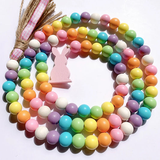 Easter Colorful Wood Bead Garland Tassel String Wall Hanging Tassel String Handmade Garland Farmhouse Ornament DIY Home Decor
