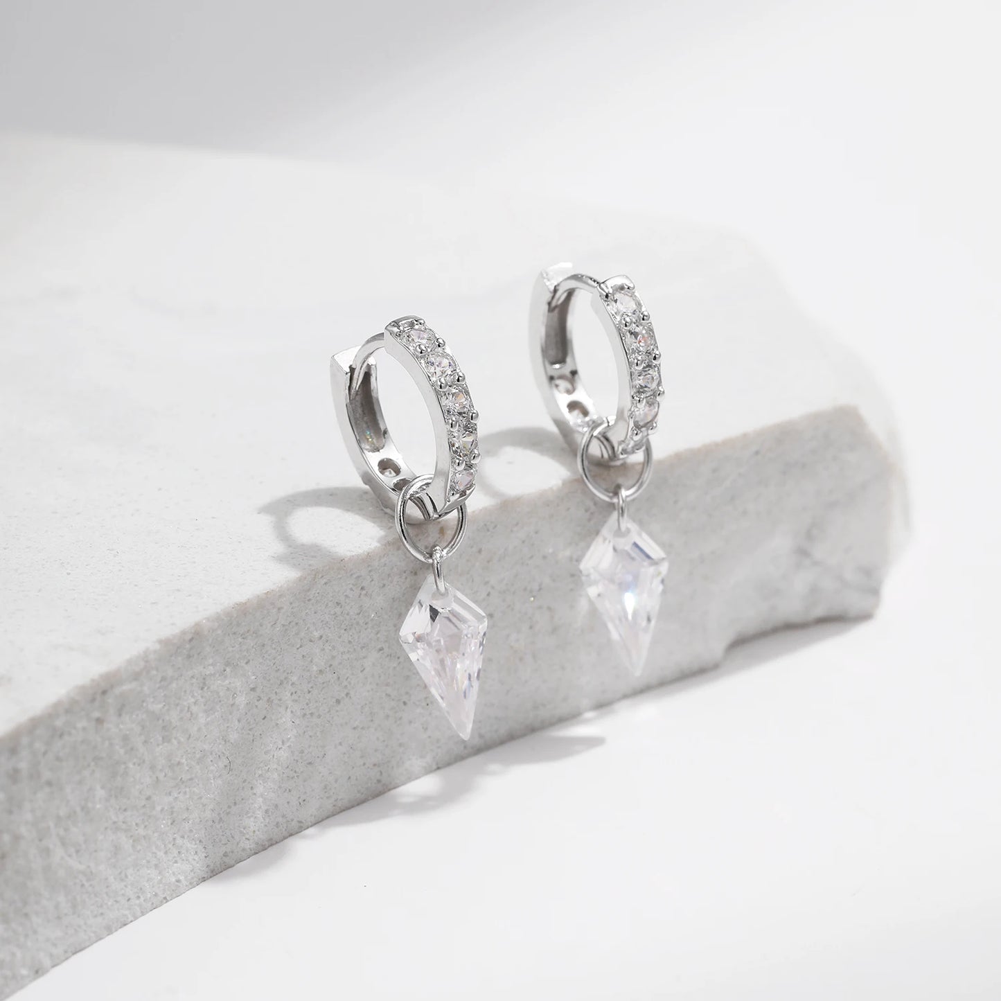 Tejesa 925 Sterling Silver Rhombic Sparkling CZ Hoop Earrings For Women