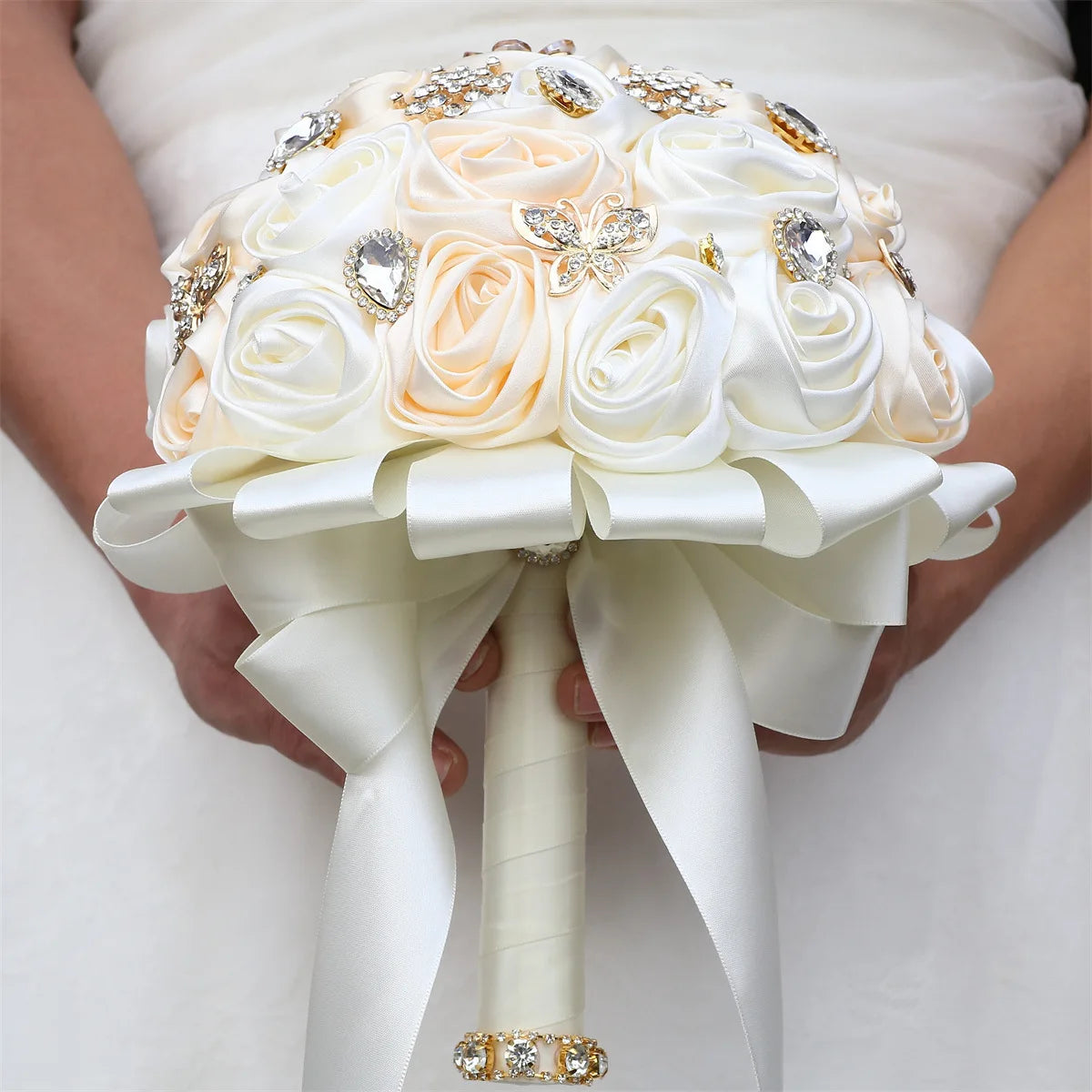 Tejesa Ivory Champagne Bridal Wedding Bouquet with Crystal Artificial Silk Rose Flower Bouquet for Quinceanera Bride Wedding