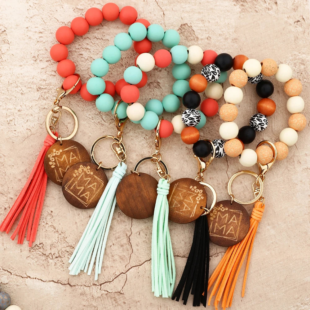 Hemasa Silicon Beads MAMA Monogram Wood Blank Wooden Disc Bracelet Tassel Keychain Wristlet Gift for Her Key Ring