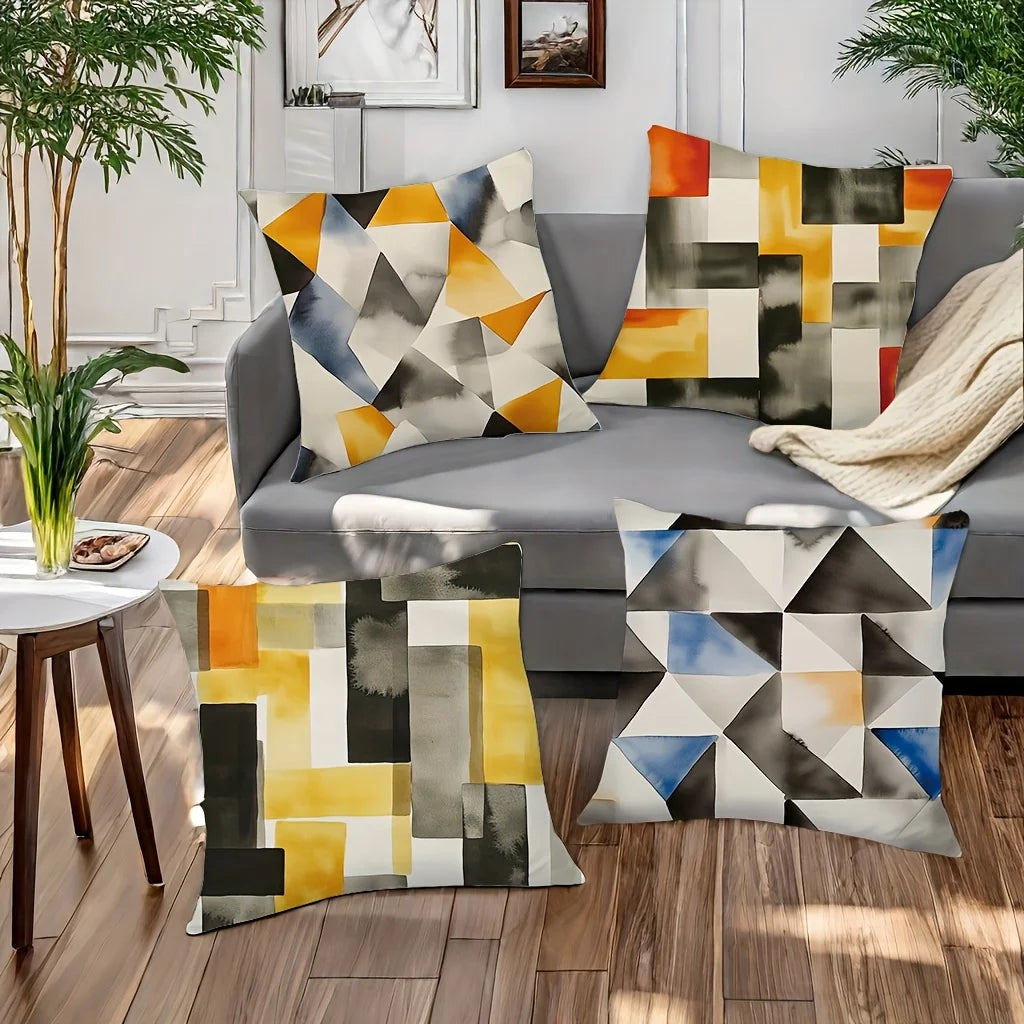 Hemasa 4pcs Retro geometric design Single-sided printing Short plush Suitable for living rooms bedrooms sofas (excluding pillow cores)