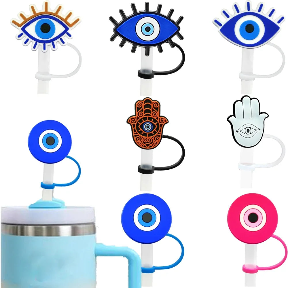 1/7PCS Silicone Colorful Evil Eyes Straw Cover,8mm Reusable Straw Topper Drinking Cup Accessories,Dustproof Straw Cap Gift