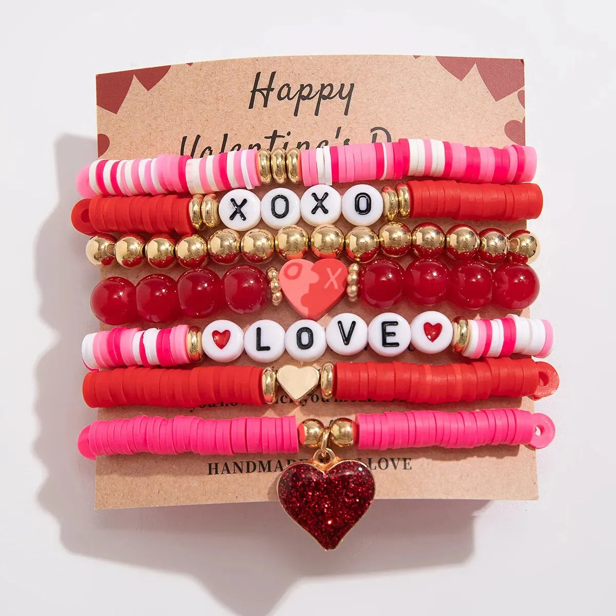 7Pcs/Set Romantic Love Heart Pendant Bracelets for Women Cute Trendy Pink Beaded Couples Bangles Valentine's Day Jewelry Gifts