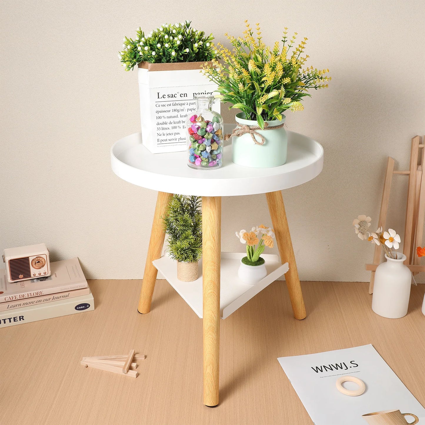 Side Table Round Double Layer Accent Table Small End Table Indoor Plants Stand Wooden Bedside Tables Living Room Furnitures