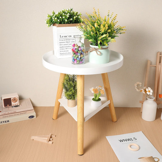 Side Table Round Double Layer Accent Table Small End Table Indoor Plants Stand Wooden Bedside Tables Living Room Furnitures