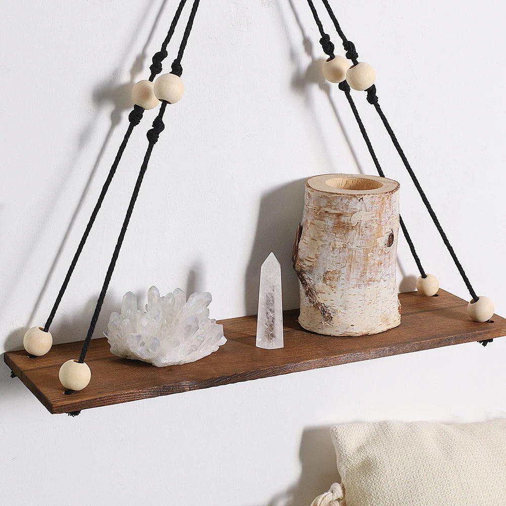 Hemasa 2Pcs Wooden Wall Shelf   Wood Beads /Macrame Leaf Floating Shelves