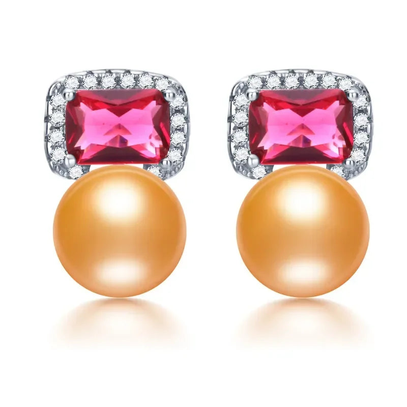 High Quality Red Zircon 925 Sterling Silver Earrings Jewelry 100% Genuine Natural Freshwater Pearl Stud Earrings for Women