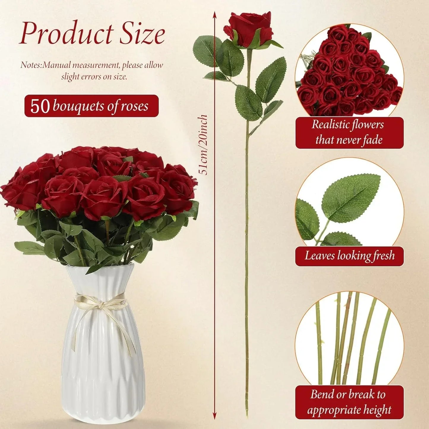 Tejesa 50 Pcs Velvet Rose Artificial Rose Flowers Real Touch Fake Roses Florals for Valentine's DIY Wedding Bouquet Party Home Decor
