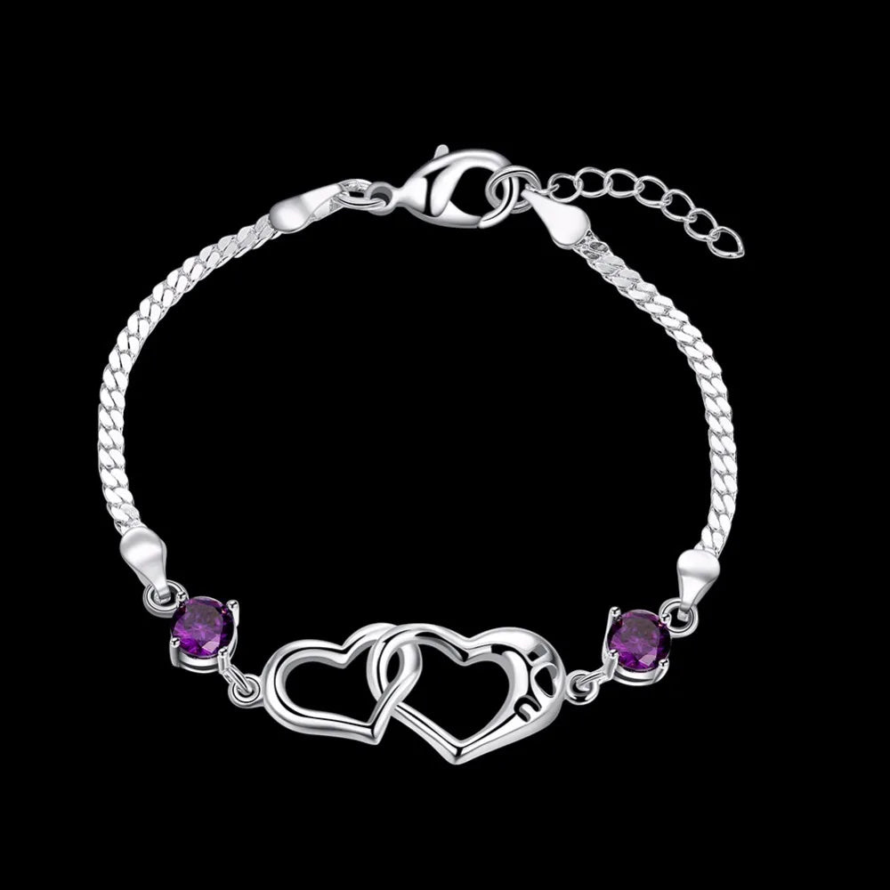 Lekani 925 Sterling Silver Double Heart Charm Bracelet For Women Fine Jewelry Purple Zirconia Pulseras Wedding Gift