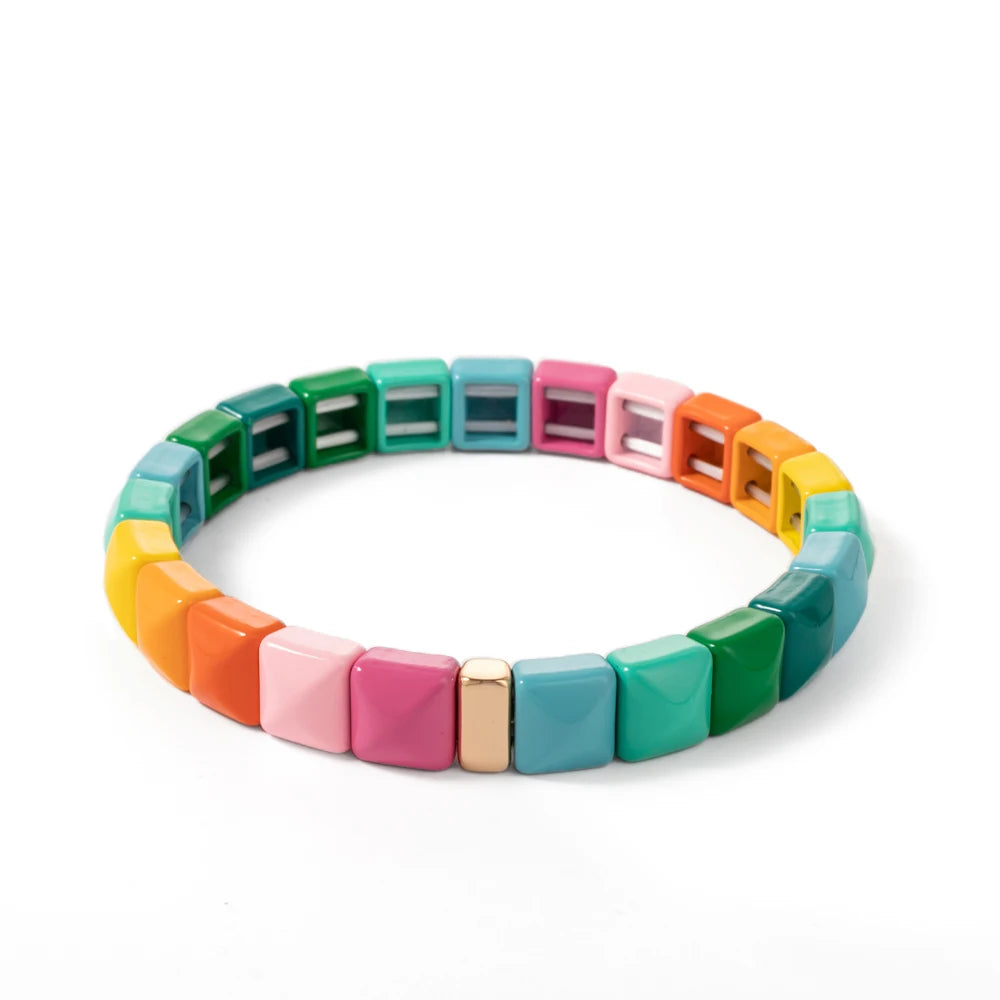 Tejesa Colorful Enamel Square Shape Rhombus Faced Bohemain Geometric Elastic Bracelets For Women