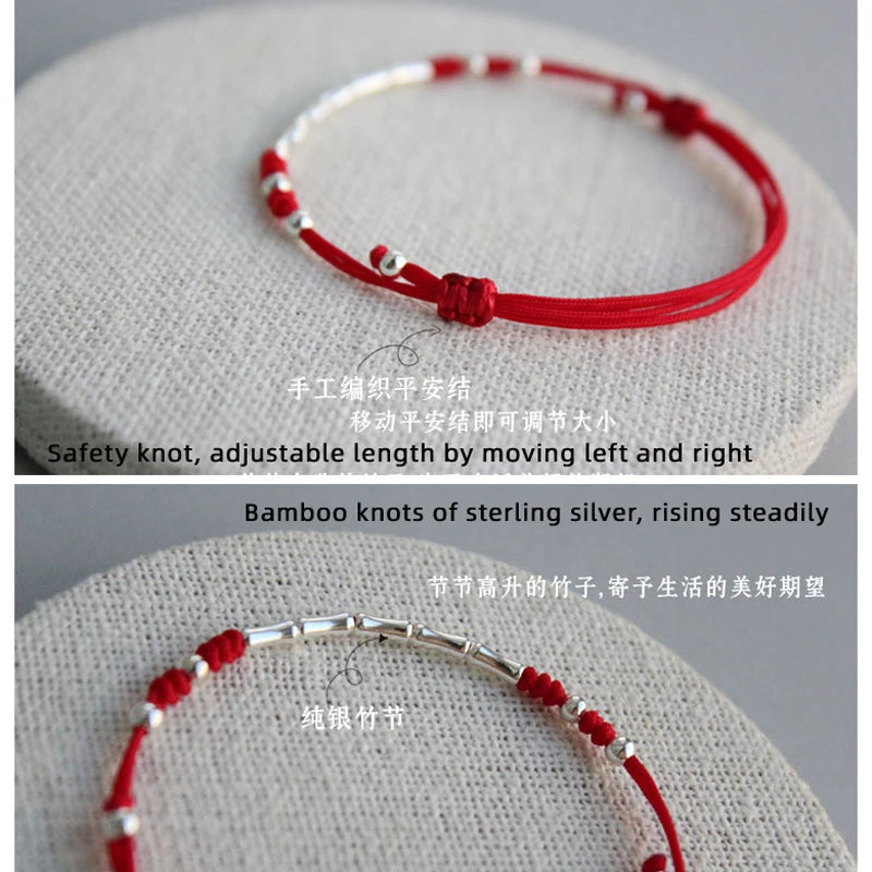 13-25cm Length Customizable 925 Sterling Silver Rope Bracelets Bamboo Black Red Thread Line String Bracelets For Women Girls