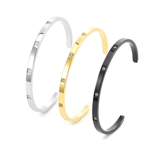 SDA Unisex Fashion Cuff Bracelet Gold Silver Black Color Stainless Steel 8pcs Zircon Open Bangle For  Women and Men Jewelry