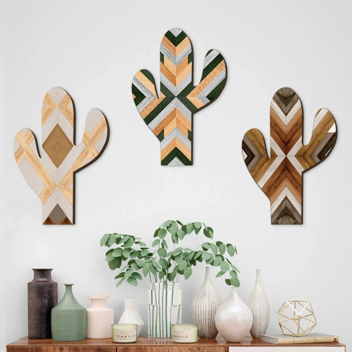 Hemasa 3Pcs Wooden Wall Decor Bohemian Style Cactus Decor, Rustic Flower Patterns Wood Home Decor Western Decor