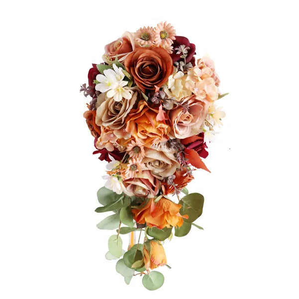 Tejesa Autumn Wedding Bouquet Vintage Terracotta Orange Sunflower Rose Bridal Cascading Bouquets for Fall Wedding Ceremony