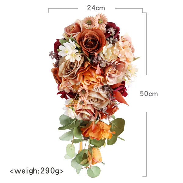 Tejesa Autumn Wedding Bouquet Vintage Terracotta Orange Sunflower Rose Bridal Cascading Bouquets for Fall Wedding Ceremony