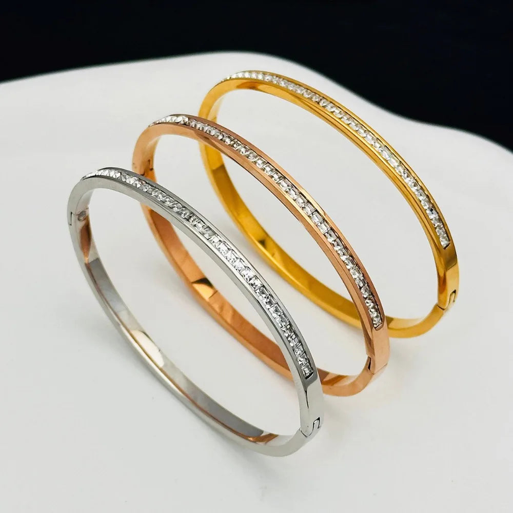 Hemasa Full Zircon Cuff Bracelet for Women ./Gold Color Stainless Steel   Bangle