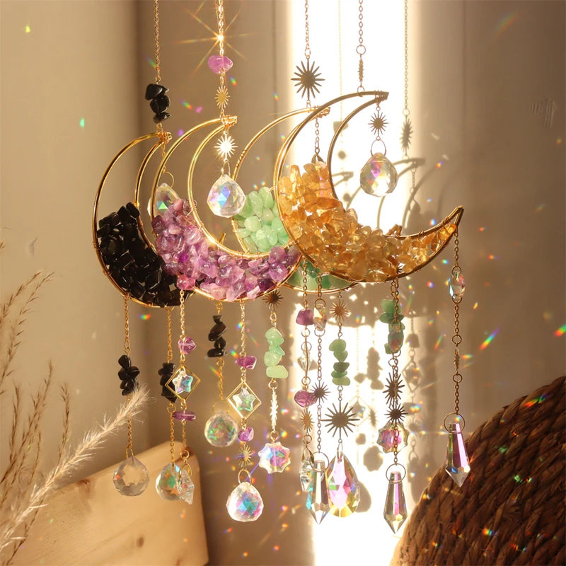 Crystal Suncatcher Hanging Moon Sun Light Catcher with Glass Prisms Natural Pink Crystal Decor Home Indoor Making Rainbows