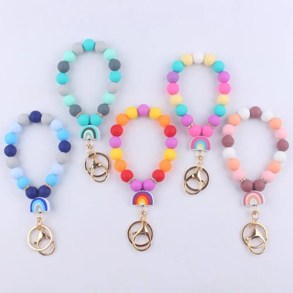 Hemasa  Silicone Rainbow Beads Keychain  for  Women /Girl Lobster Buckle Bracelet Keyring Jewelry For Car Bag Key Chain
