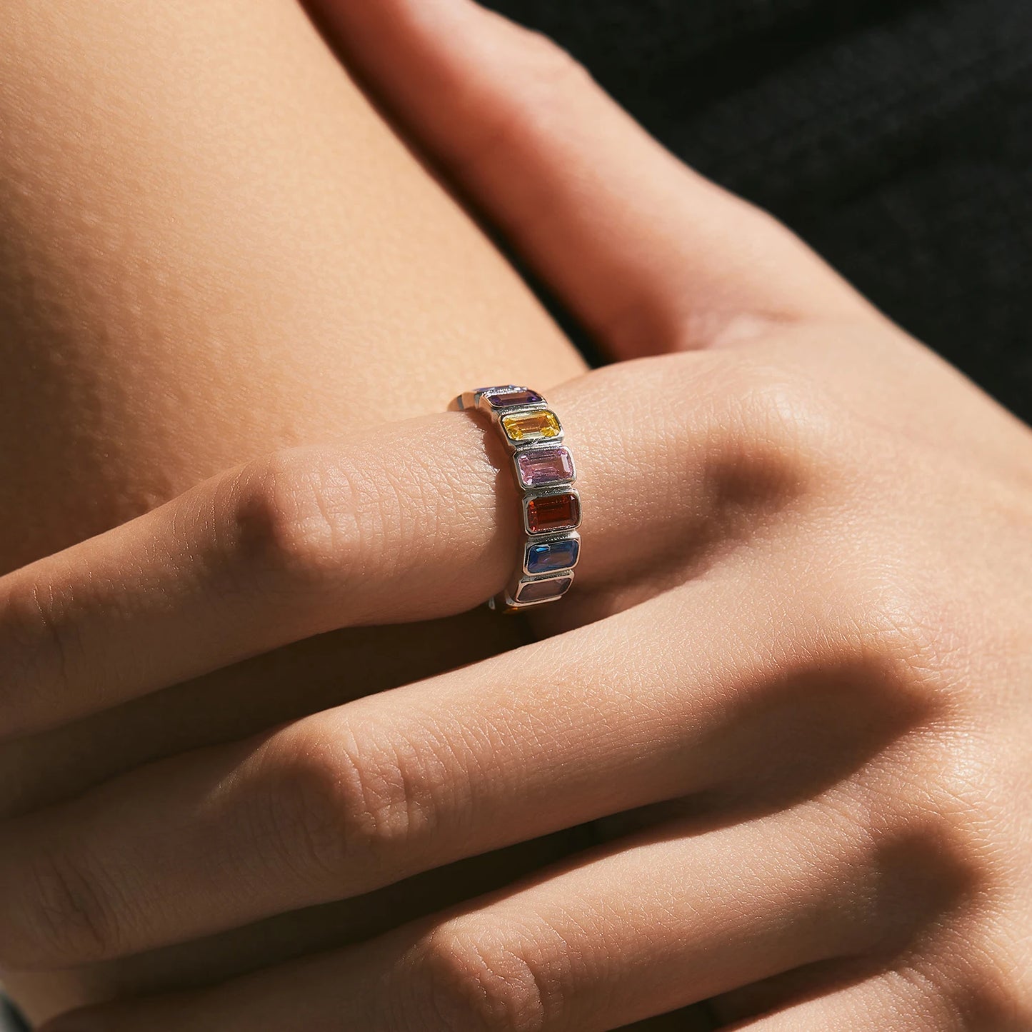 MODIAN 925 Sterling Silver Luxury Sweet Rectangle Colorful CZ Eternity Band Ring For Women Party Stackable Fine Jewelry