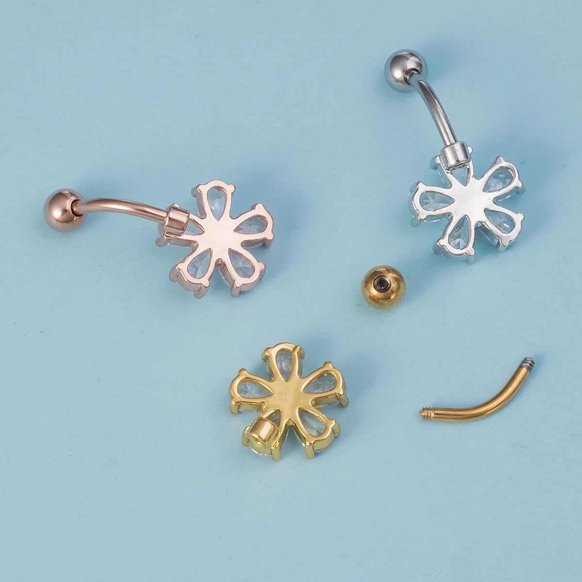 1pc Flower Zircon Belly Button Ring Navel Piercing Stud Stainless Steel Bar Ombligo Stud Body Jewelry