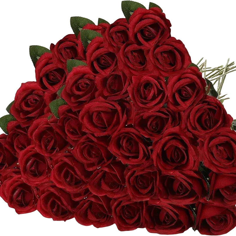 Tejesa 50 Pcs Velvet Rose Artificial Rose Flowers Real Touch Fake Roses Florals for Valentine's DIY Wedding Bouquet Party Home Decor