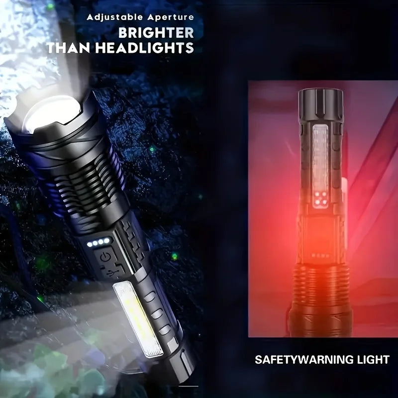 Super Bright LED COB Flashlight USB Rechargeable Torch with 7 Lighting Modes Telescopic Zoom Lantern for Outdoor Camping Hiking