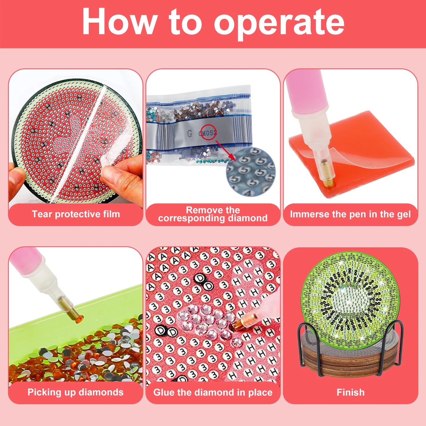 13Pcs Diamond Painting Coasters Kit Decorative Fruit Pattern Art Cup Coaster with Holder Round Small Tabletop Protection Coaster