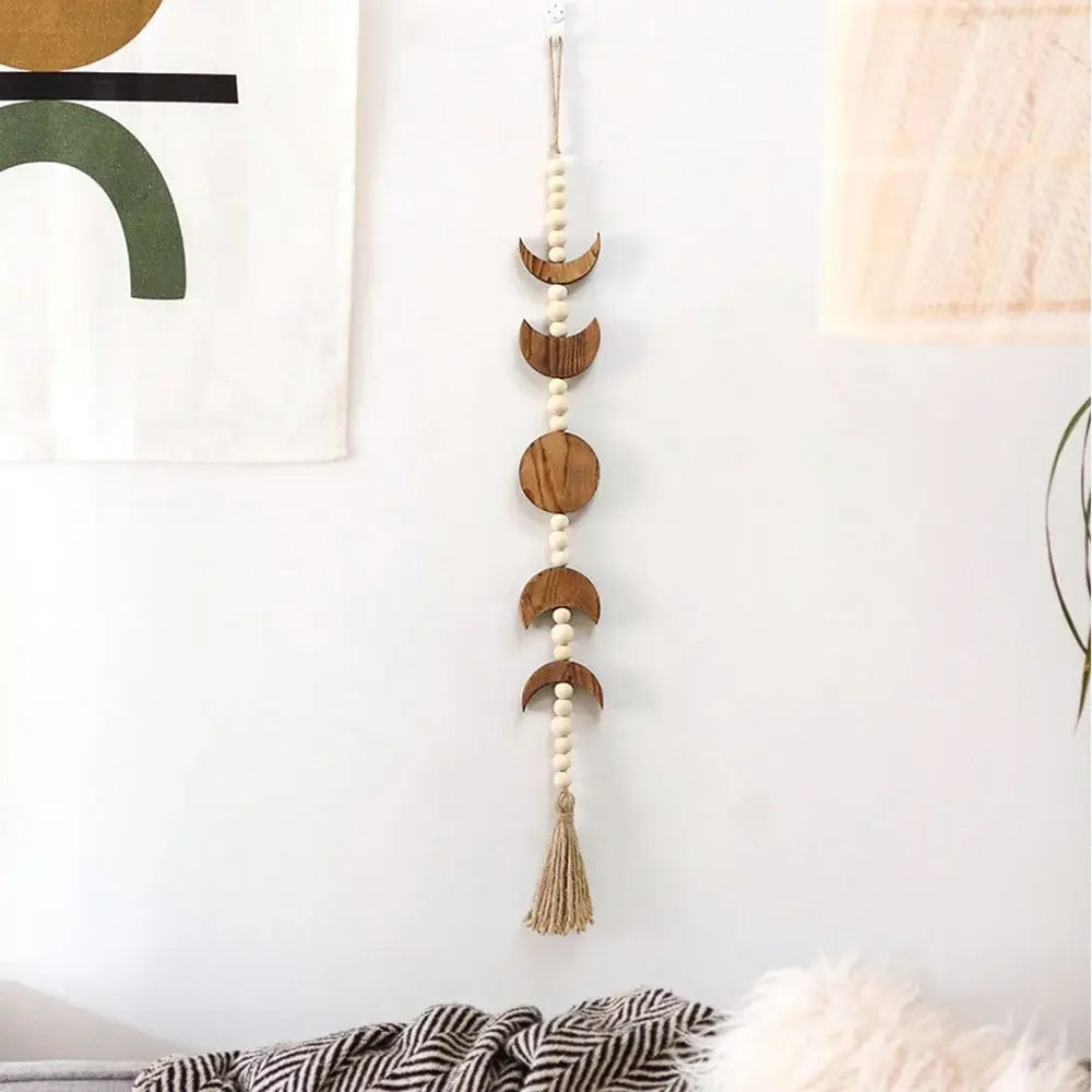 Wood Star Moon Phase Wall Hanging Garland Boho Beaded Moon Garland with Tassel Home Wall Decor