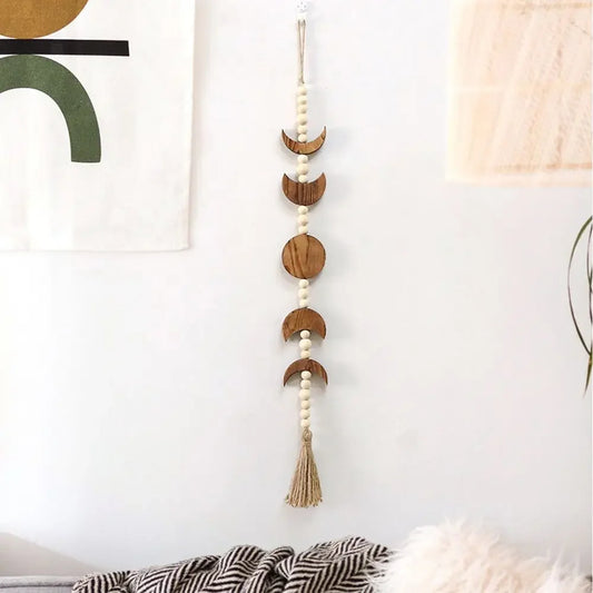Wood Star Moon Phase Wall Hanging Garland Boho Beaded Moon Garland with Tassel Home Wall Decor