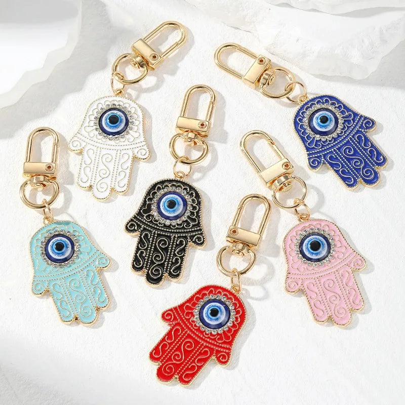 Retro Ethnic Style Personality Totem Hand Keychain  Zircon Hand Blue Eye Bag Car Airpods Case Key Accessories