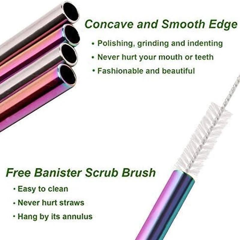 Hemasa Set of 4 Reusable Metal Straws Rainbow Color, Long Stainless Steel Straw with Cleaning Brushes-2 Straight 2 Bent+1 Brush