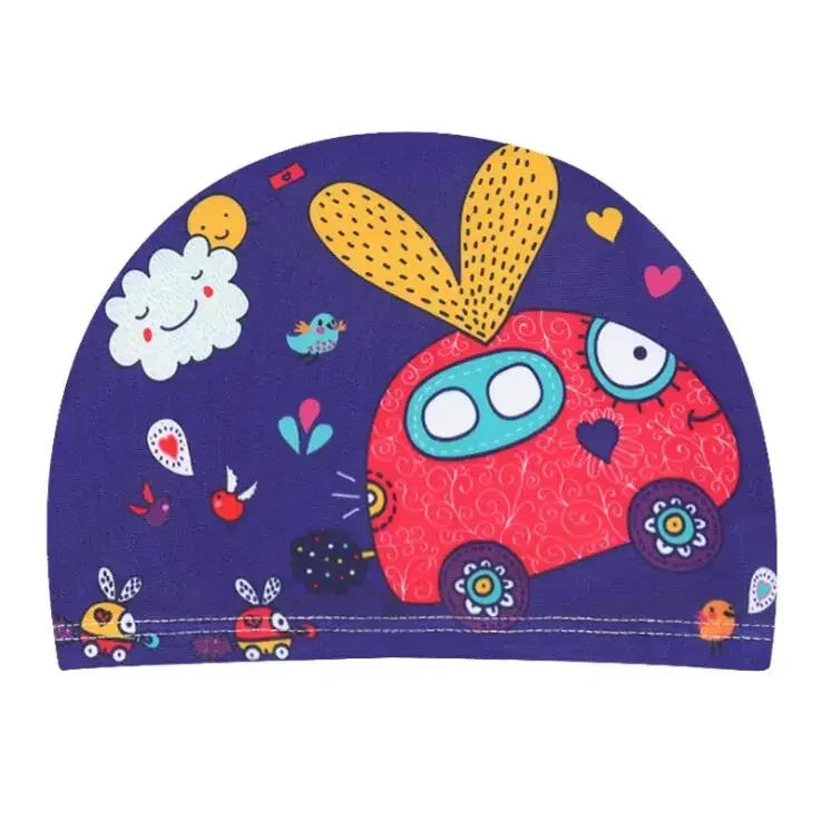 Hemasa Swimming Cap for Children Elastic Fabric Cute Cartoon for Long Hair Lovely Kids Protect Ears Swim Pool Hat for Boys Girls Swim