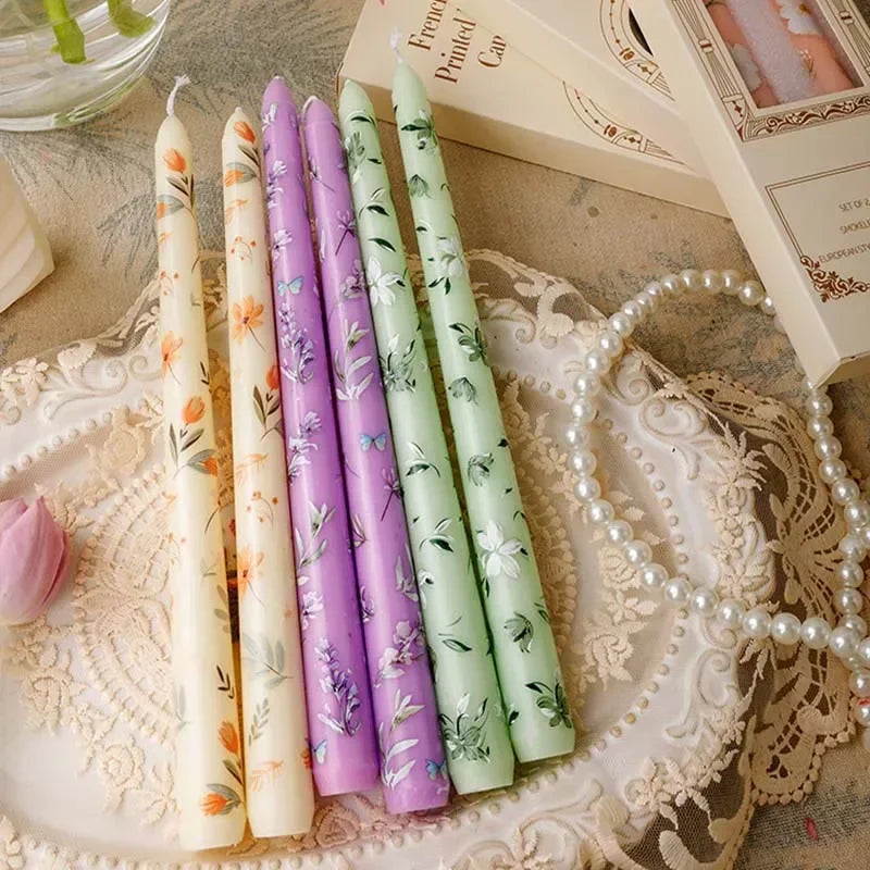 7.5'' Long Wedding Candles French Hand-Printed Pole Candle Long Taper Dinner Candles for Minimalist Home Decorative Candles